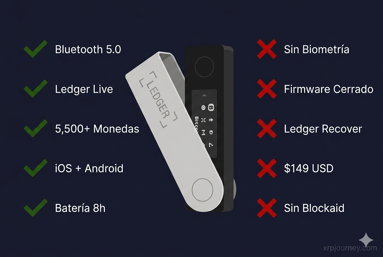 Ledger Nano X — Pros y contras 2026 Ledger Nano X pros y contras 2026 — ventajas: Bluetooth, Ledger Live, 5500 monedas; desventajas: sin biometría, firmware cerrado, polémica Ledger Recover