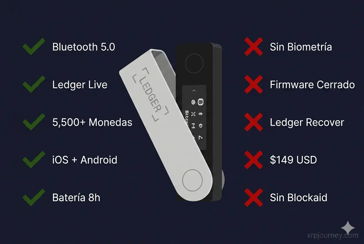 Ledger Nano X — Pros y contras 2026 Ledger Nano X pros y contras 2026 — ventajas: Bluetooth, Ledger Live, 5500 monedas; desventajas: sin biometría, firmware cerrado, polémica Ledger Recover