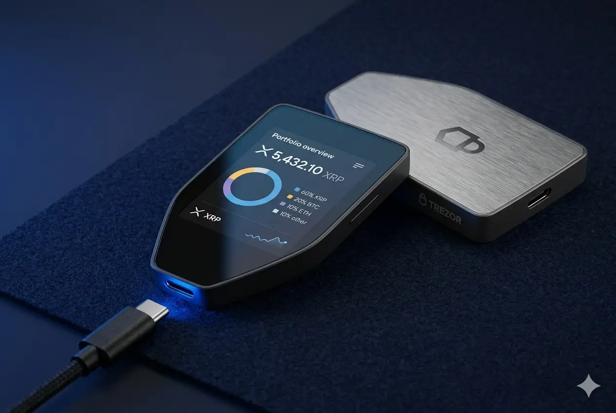 Trezor Safe 5 — Pantalla táctil a color con Gorilla Glass 3 Trezor Safe 5 pantalla táctil color 2026 — display 1.54 pulgadas Gorilla Glass 3 con feedback háptico para gestionar XRP y criptomonedas en autocustodia