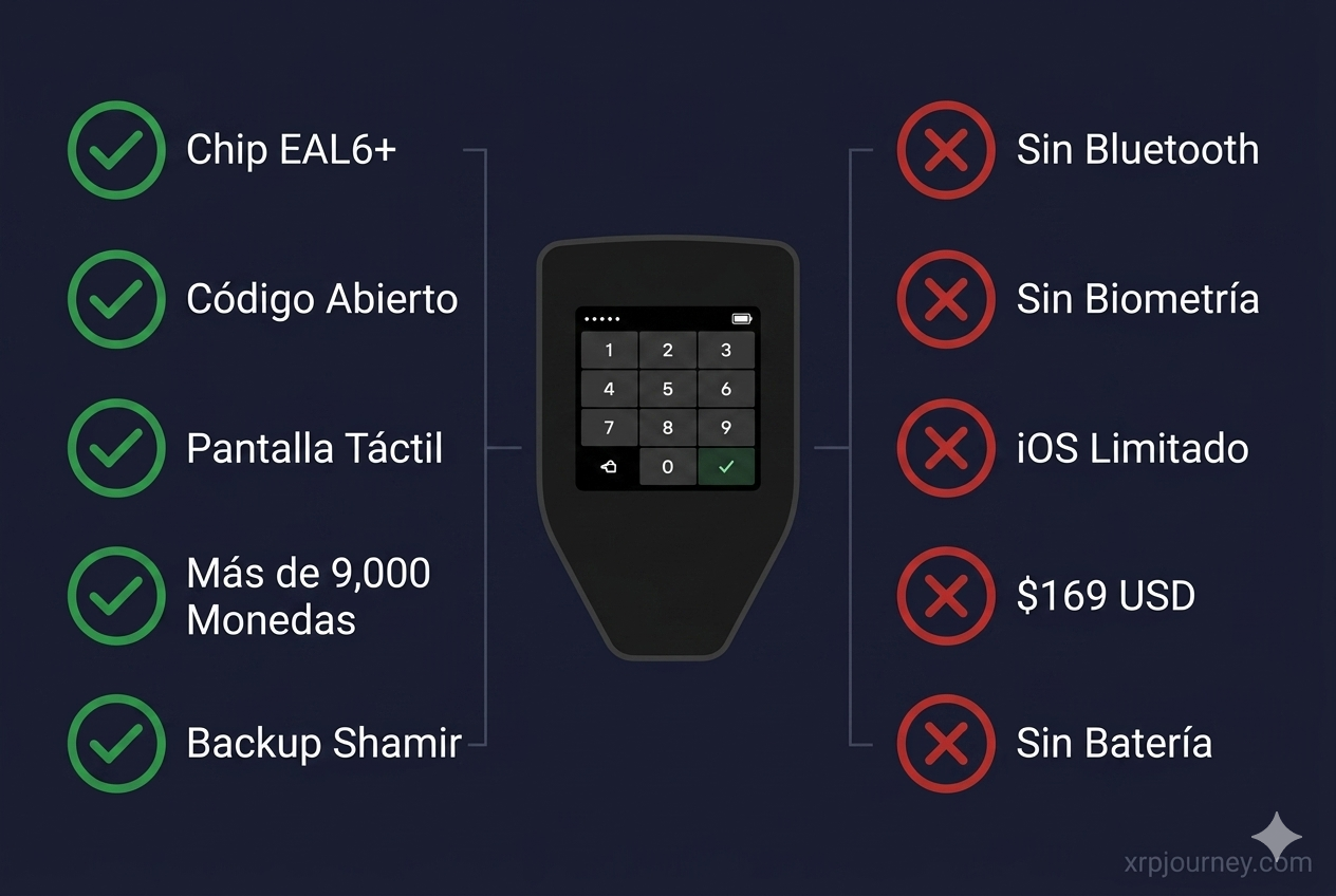 Trezor Safe 5 — Pros y contras 2026 Trezor Safe 5 pros y contras 2026 — ventajas: chip EAL6+, open source, pantalla táctil; desventajas: sin Bluetooth, sin biometría, app iOS limitada