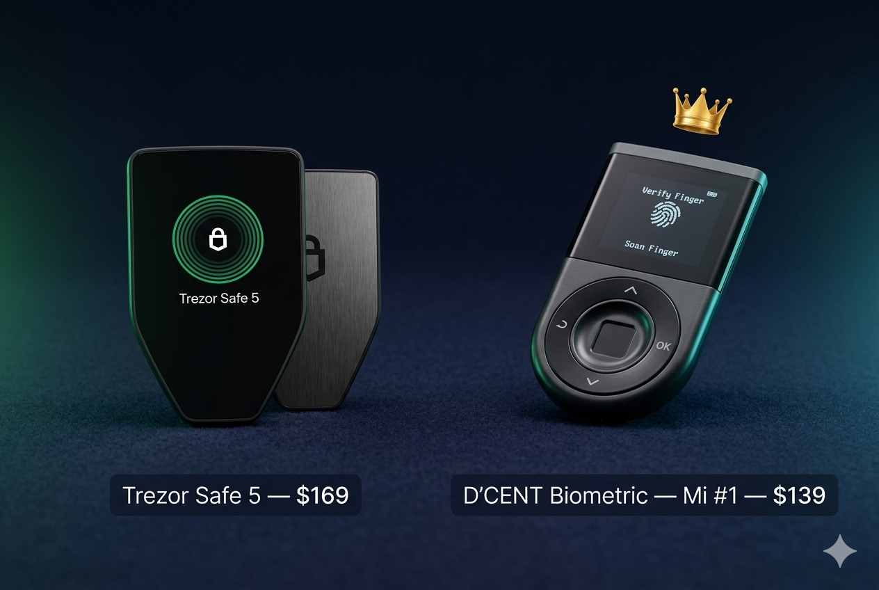 Trezor Safe 5 — Veredicto final 2026 Trezor Safe 5 vs D'CENT Biometric Wallet comparativa 2026 — cuál es el mejor hardware wallet para guardar XRP: precio, biometría, Bluetooth y app iOS