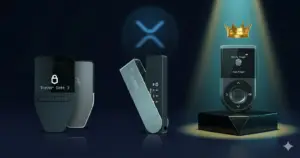 comparativa wallets hardware XRP 2026: D'CENT Biometric Wallet vs Ledger Nano X vs Trezor Safe 3 sobre fondo oscuro — cuál elegir para guardar XRP