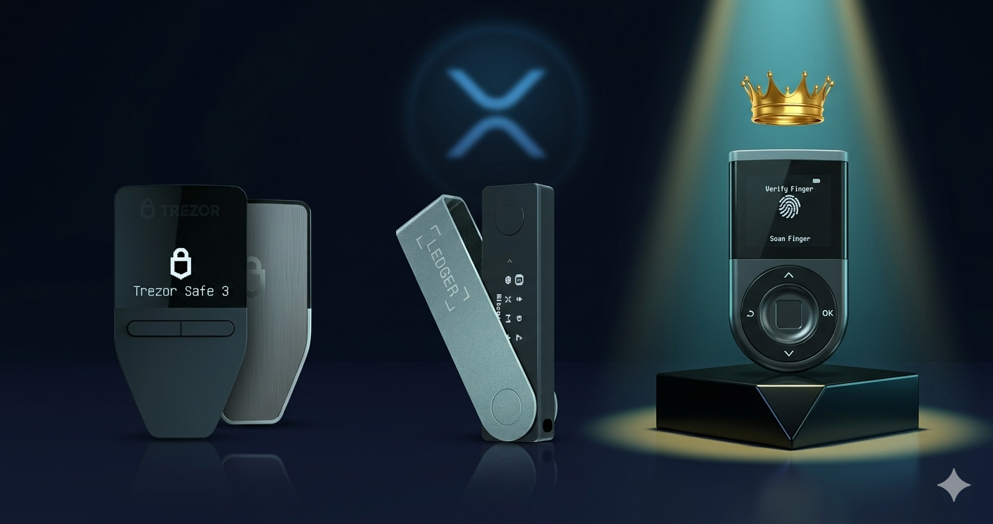 D'CENT vs Ledger vs Trezor Safe 3: Comparativa Completa 2026 comparativa wallets hardware XRP 2026: D'CENT Biometric Wallet vs Ledger Nano X vs Trezor Safe 3 sobre fondo oscuro — cuál elegir para guardar XRP