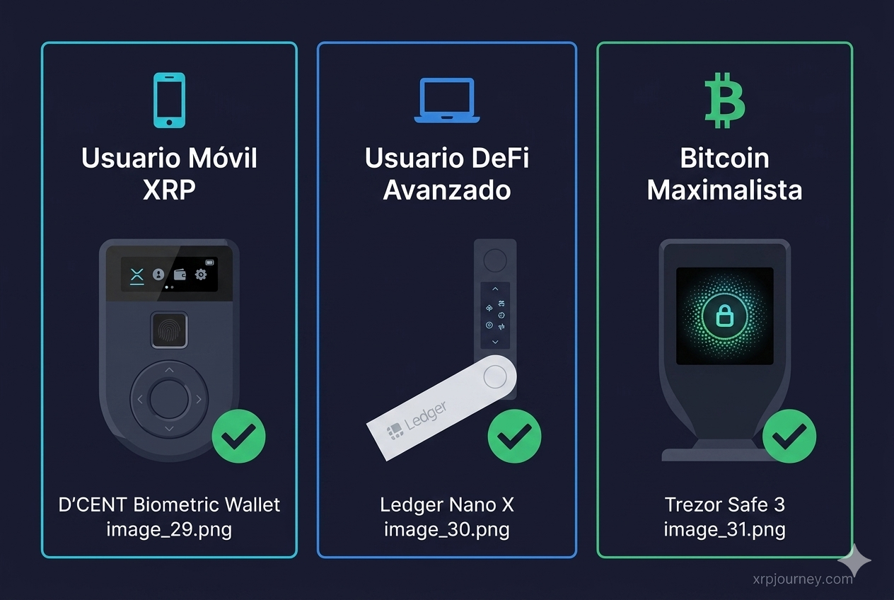 ¿Cuál wallet elegir para XRP? Guía por perfil de usuario 2026 guía de decisión wallets hardware XRP 2026: D'CENT para usuarios móviles, Ledger para DeFi avanzado, Trezor Safe 3 para Bitcoin — cuál elegir según tu perfil