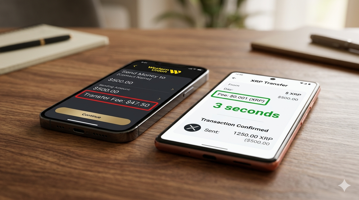 Por qué XRP es ideal para remesas en Latinoamérica 2026 Comparativa visual de comisiones: Western Union cobra $47 vs XRP cobra menos de $0.01 para enviar remesas a Latinoamérica en 2026