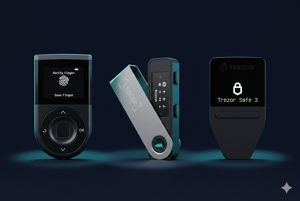 Custodia de XRP para hodling a largo plazo 2026 — hardware wallet D'CENT, Ledger Nano S Plus y Trezor Safe 3 sobre superficie oscura
