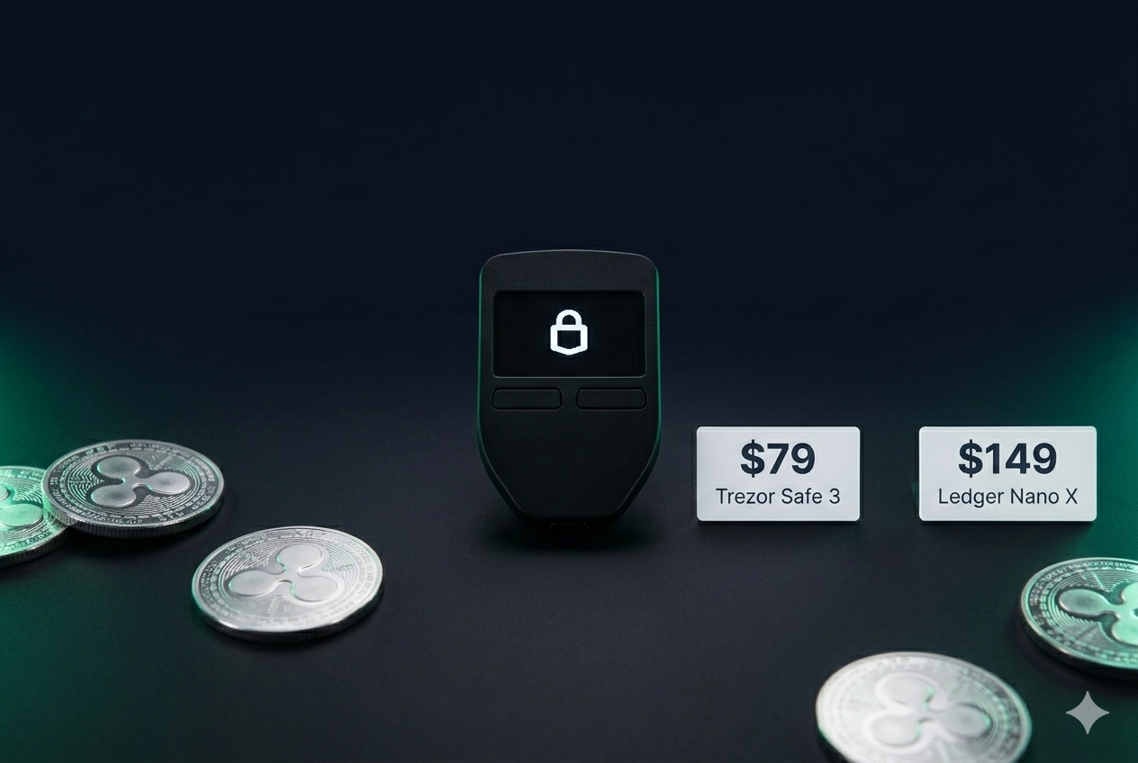 Trezor Safe 3 vs D'CENT vs Ledger — comparativa de precios 2026 Trezor Safe 3 comparativa de precios 2026 — $79 Trezor Safe 3 vs $139 D'CENT Biometric vs $149 Ledger Nano X para guardar XRP