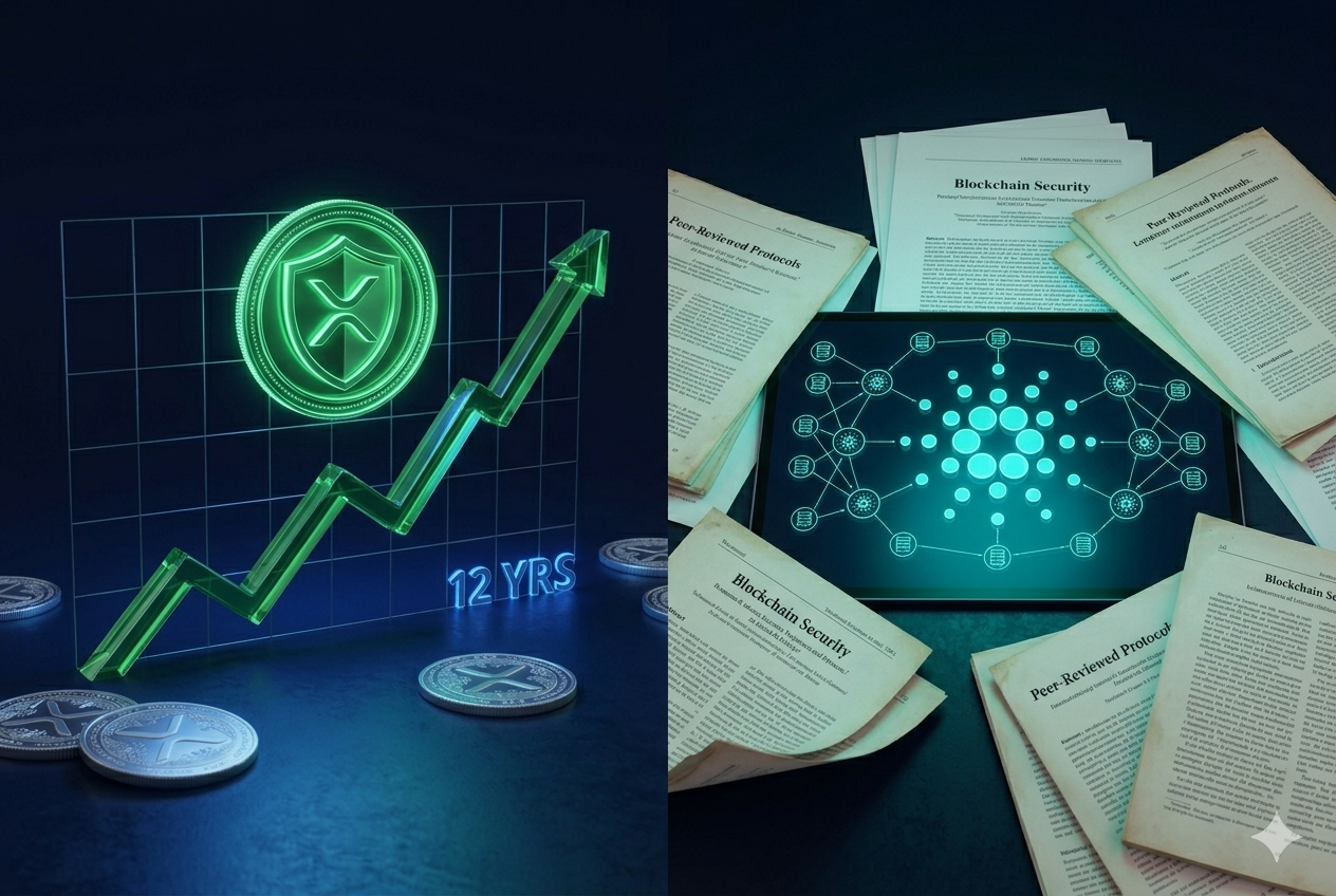 XRP vs Cardano — Historial y confiabilidad Historial XRP vs Cardano 2026 — XRP lleva 12 años sin caídas, Cardano con desarrollo académico riguroso desde 2017