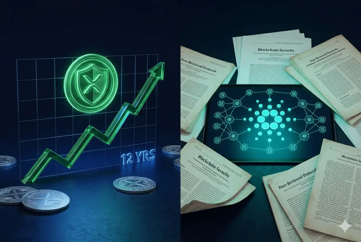 XRP vs Cardano — Historial y confiabilidad Historial XRP vs Cardano 2026 — XRP lleva 12 años sin caídas, Cardano con desarrollo académico riguroso desde 2017