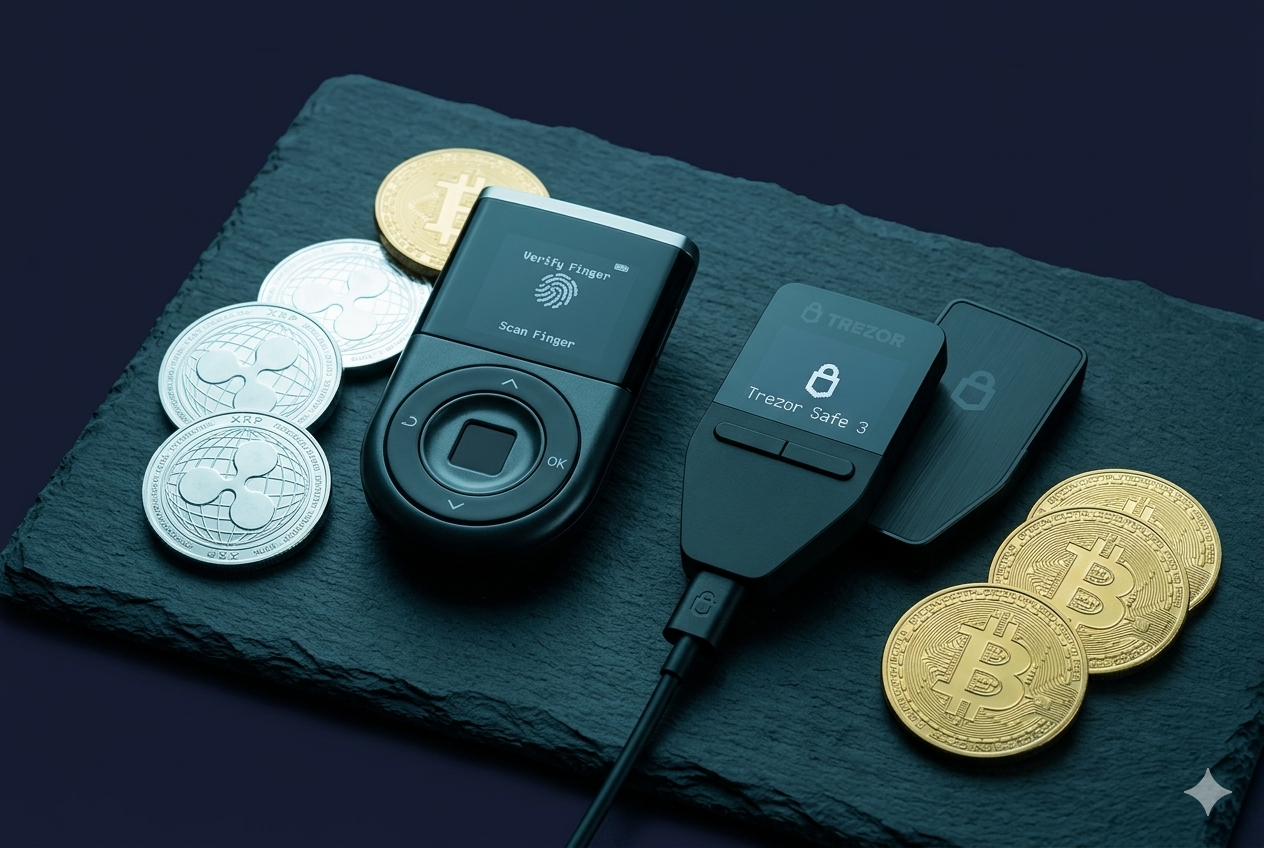 Guardar XRP y Bitcoin seguros 2026 Dónde guardar XRP y Bitcoin de forma segura 2026 — hardware wallet Trezor Safe 3 y D'CENT Biometric para autocustodia