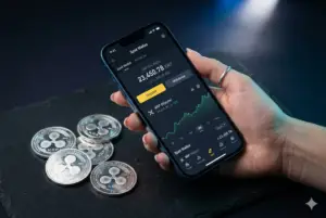 Cómo comprar XRP en Uruguay 2026 — mano sosteniendo iPhone con exchange y monedas XRP sobre fondo azul navy