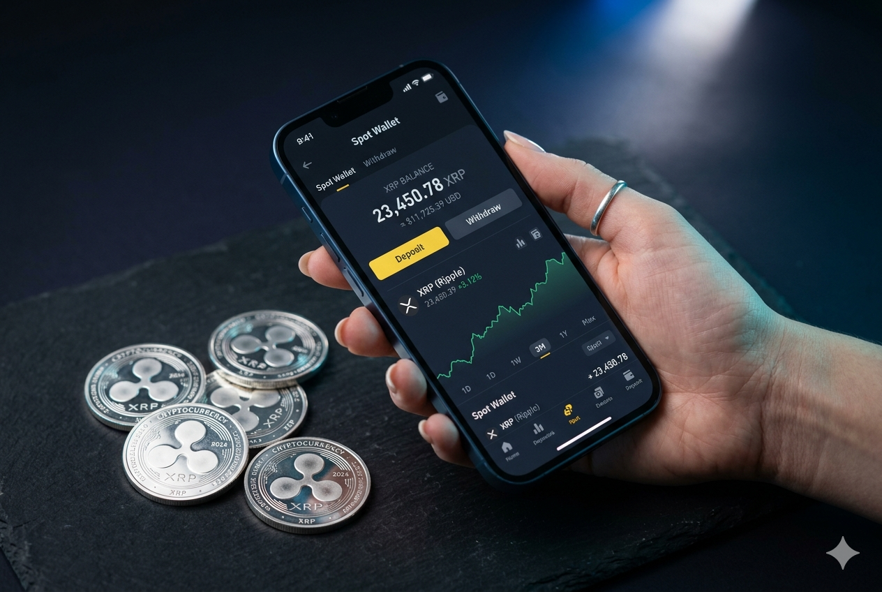 Cómo comprar XRP en Uruguay 2026 — mano sosteniendo iPhone con exchange y monedas XRP sobre fondo azul navy