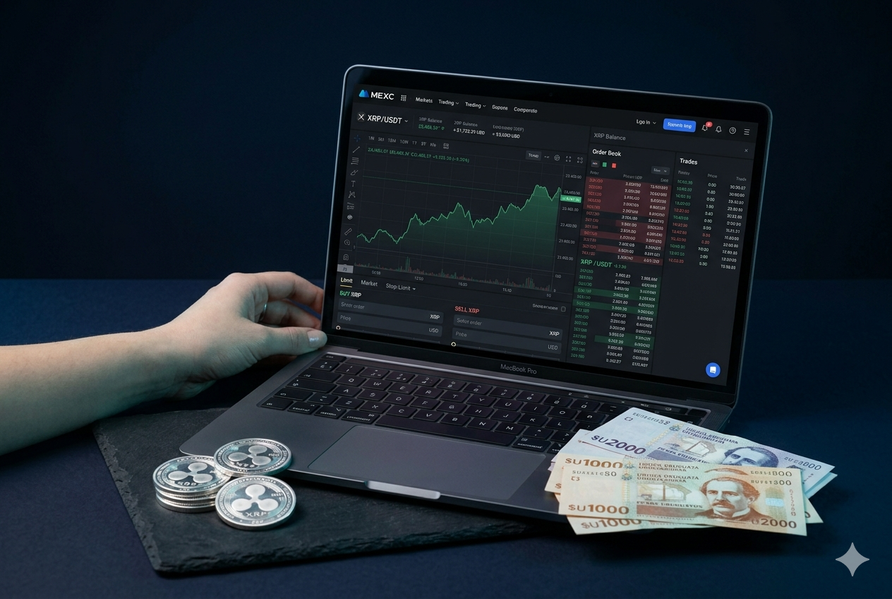 MacBook mostrando exchange MEXC con par XRP/USDT junto a pesos uruguayos y monedas XRP sobre fondo navy