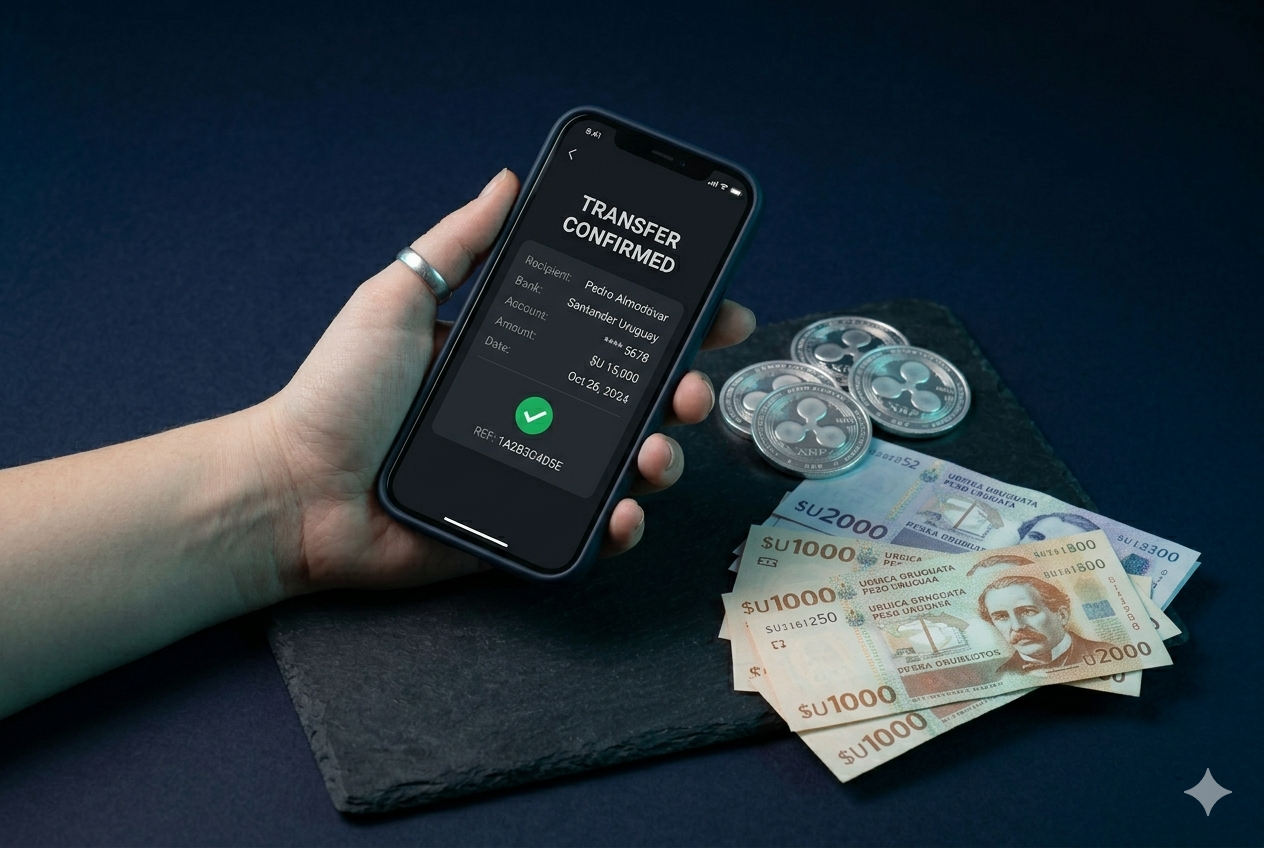 iPhone mostrando confirmación de transferencia bancaria junto a pesos uruguayos y monedas XRP sobre fondo azul navy