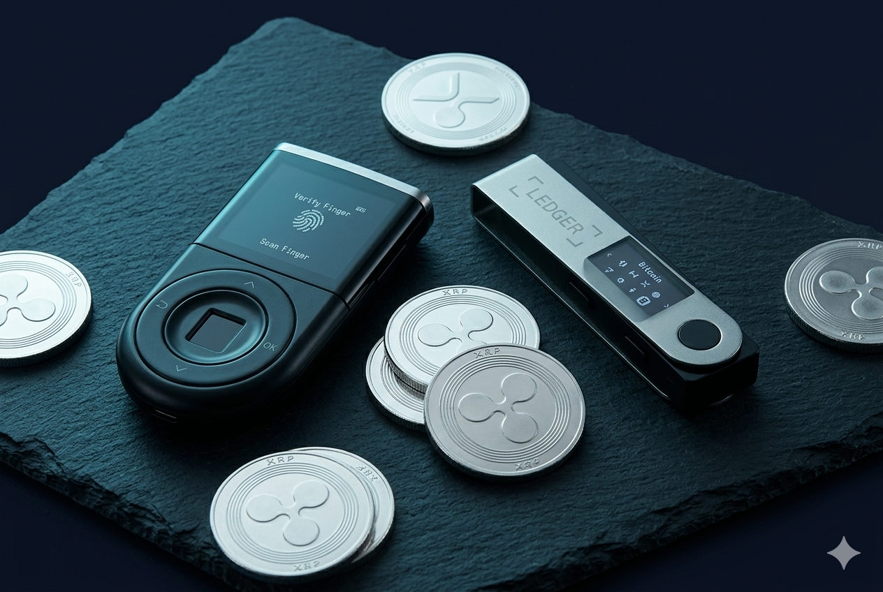 D'CENT Biometric Wallet y Ledger Nano S Plus sobre superficie oscura con monedas XRP, fondo navy profesional