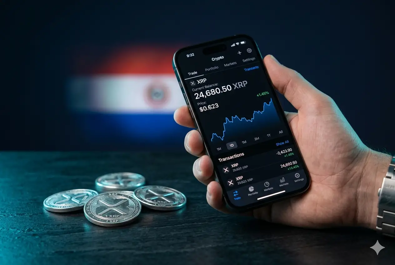 Cómo comprar XRP en Paraguay 2026 — mano con iPhone mostrando exchange con XRP y monedas XRP plateadas sobre fondo navy oscuro
