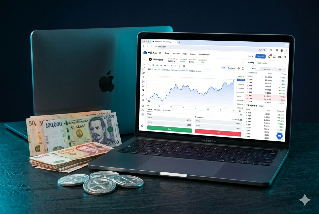 MacBook mostrando MEXC con par XRP/USDT y guaraníes paraguayos junto a monedas XRP sobre fondo navy oscuro
