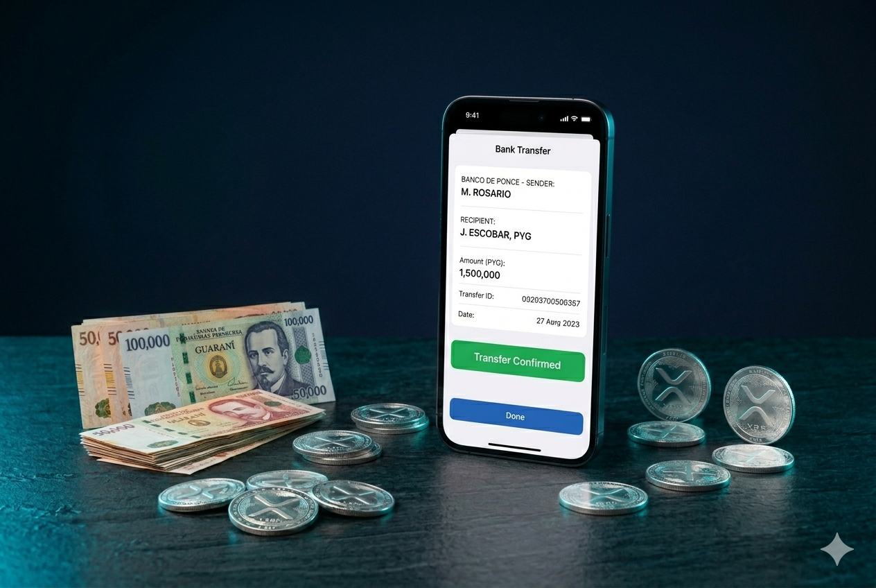 iPhone mostrando pantalla de transferencia bancaria con guaraníes paraguayos y monedas XRP plateadas sobre fondo navy