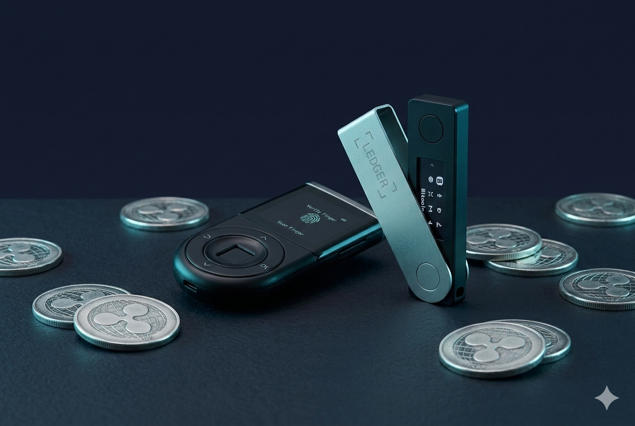 D'CENT Biometric Wallet y Ledger Nano S Plus sobre superficie oscura con monedas XRP plateadas y luz cyan