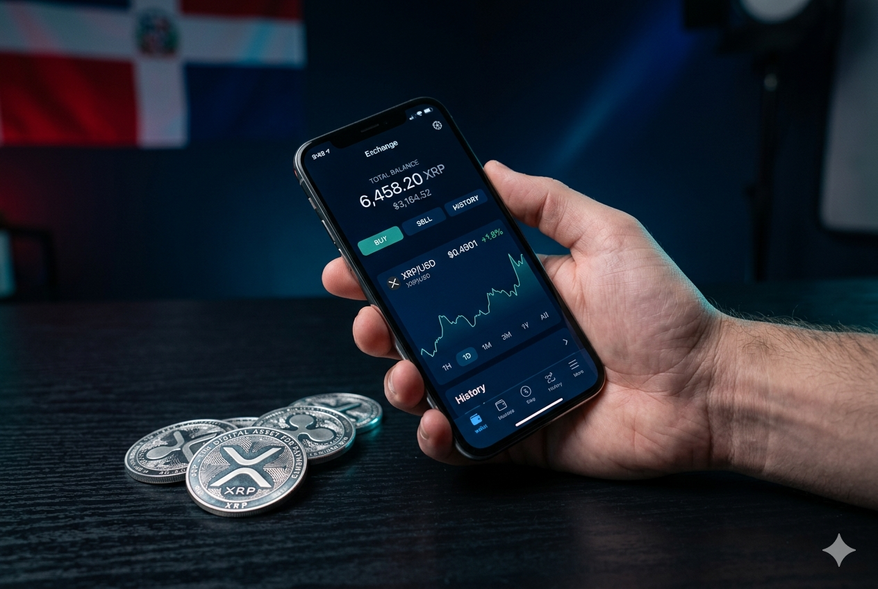Cómo comprar XRP en República Dominicana 2026 — mano con iPhone mostrando exchange con XRP y monedas XRP plateadas sobre fondo navy oscuro