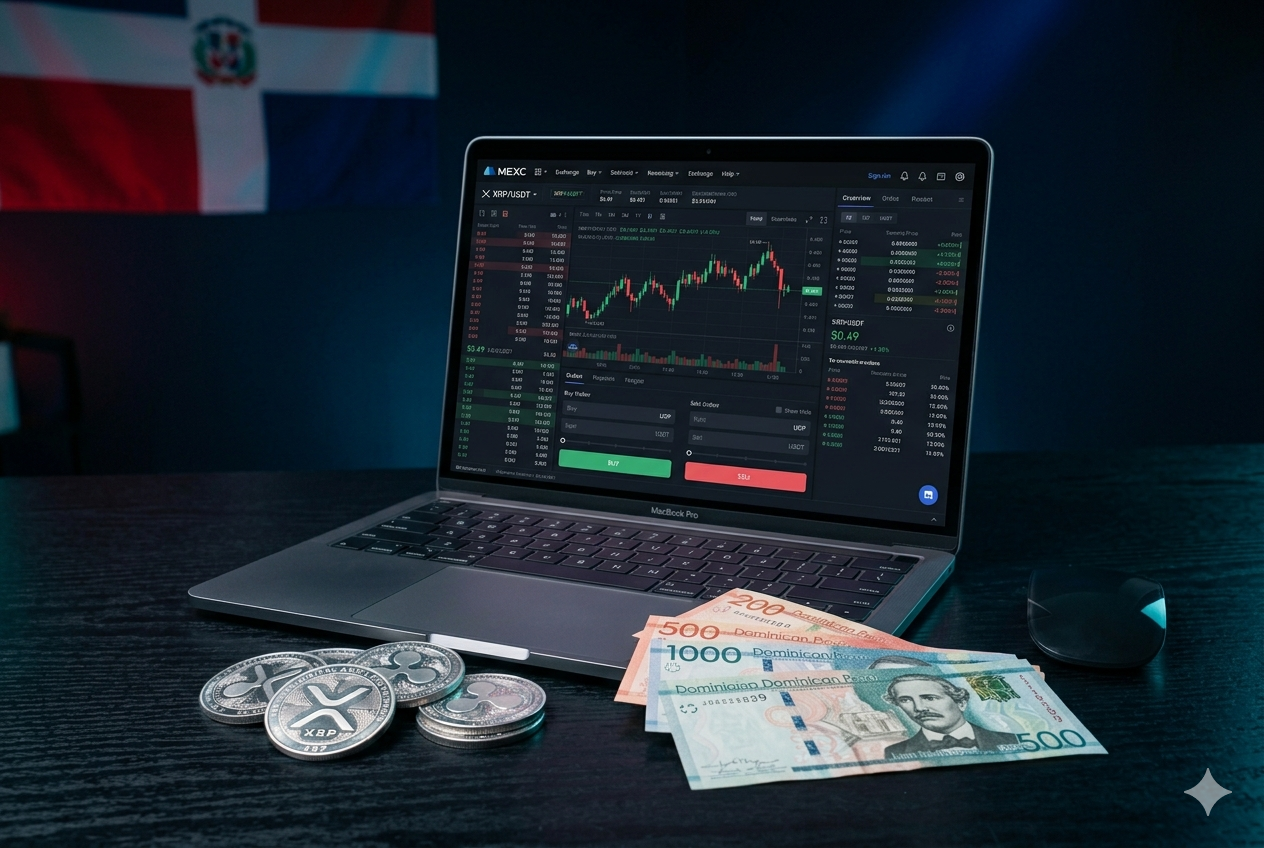 MacBook mostrando MEXC con par XRP/USDT y pesos dominicanos junto a monedas XRP sobre fondo navy oscuro