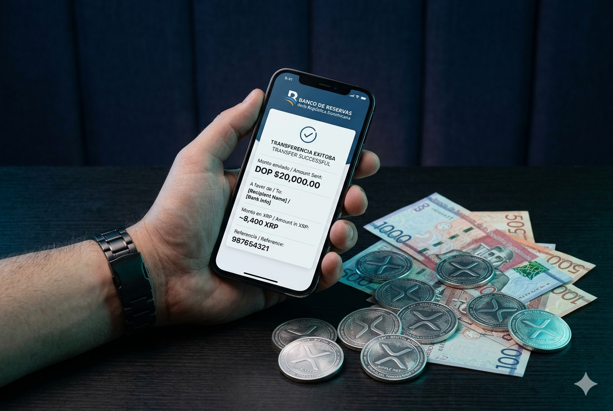 iPhone mostrando pantalla de transferencia bancaria con pesos dominicanos y monedas XRP plateadas sobre fondo navy