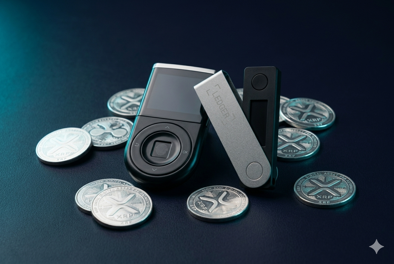D'CENT Biometric Wallet y Ledger Nano S Plus sobre superficie oscura con monedas XRP plateadas y luz cyan