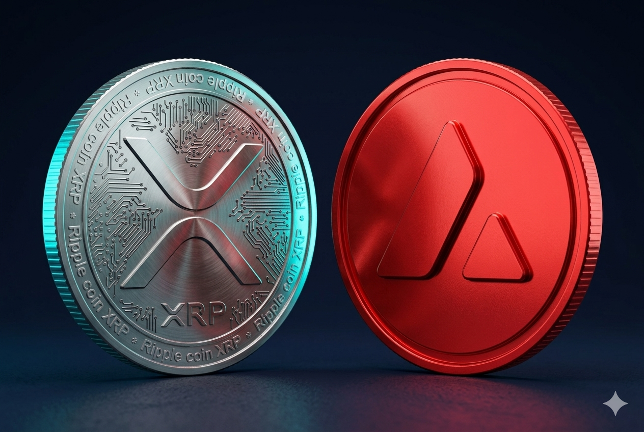 XRP vs Avalanche 2026: comparativa completa de dos monedas enfrentadas sobre fondo azul oscuro