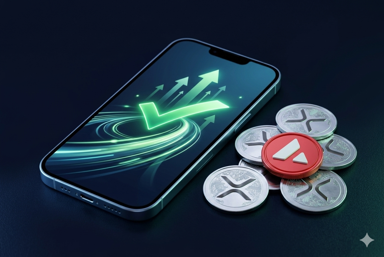 Comparativa de velocidad y costos entre XRP y Avalanche con monedas sobre fondo oscuro