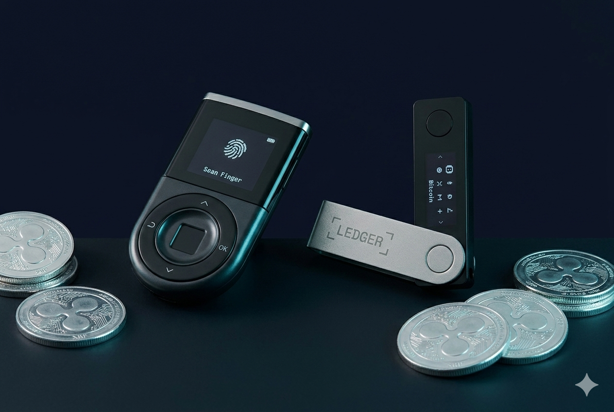 Hardware wallets D'CENT y Ledger con monedas XRP y AVAX sobre fondo azul oscuro