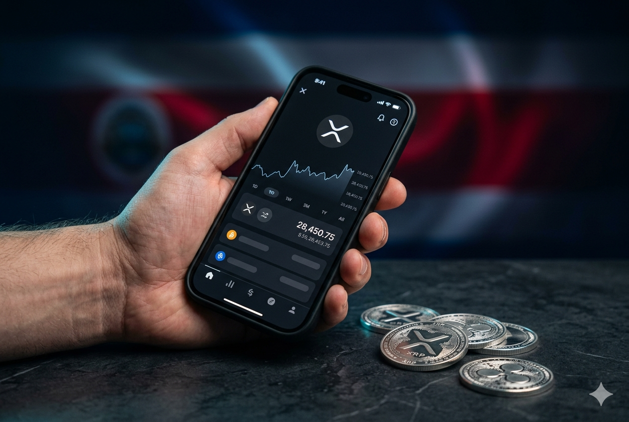 Cómo comprar XRP en Costa Rica 2026 — mano con iPhone mostrando exchange con XRP y monedas XRP plateadas sobre fondo navy oscuro con acento de colores de la bandera costarricense