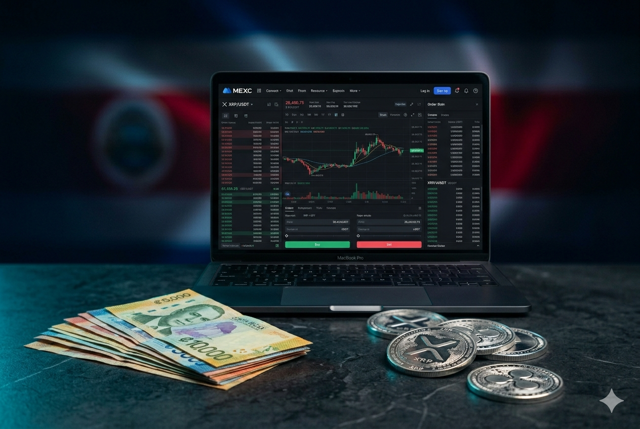 MacBook mostrando MEXC con par XRP/USDT y billetes de colones costarricenses junto a monedas XRP sobre fondo navy oscuro