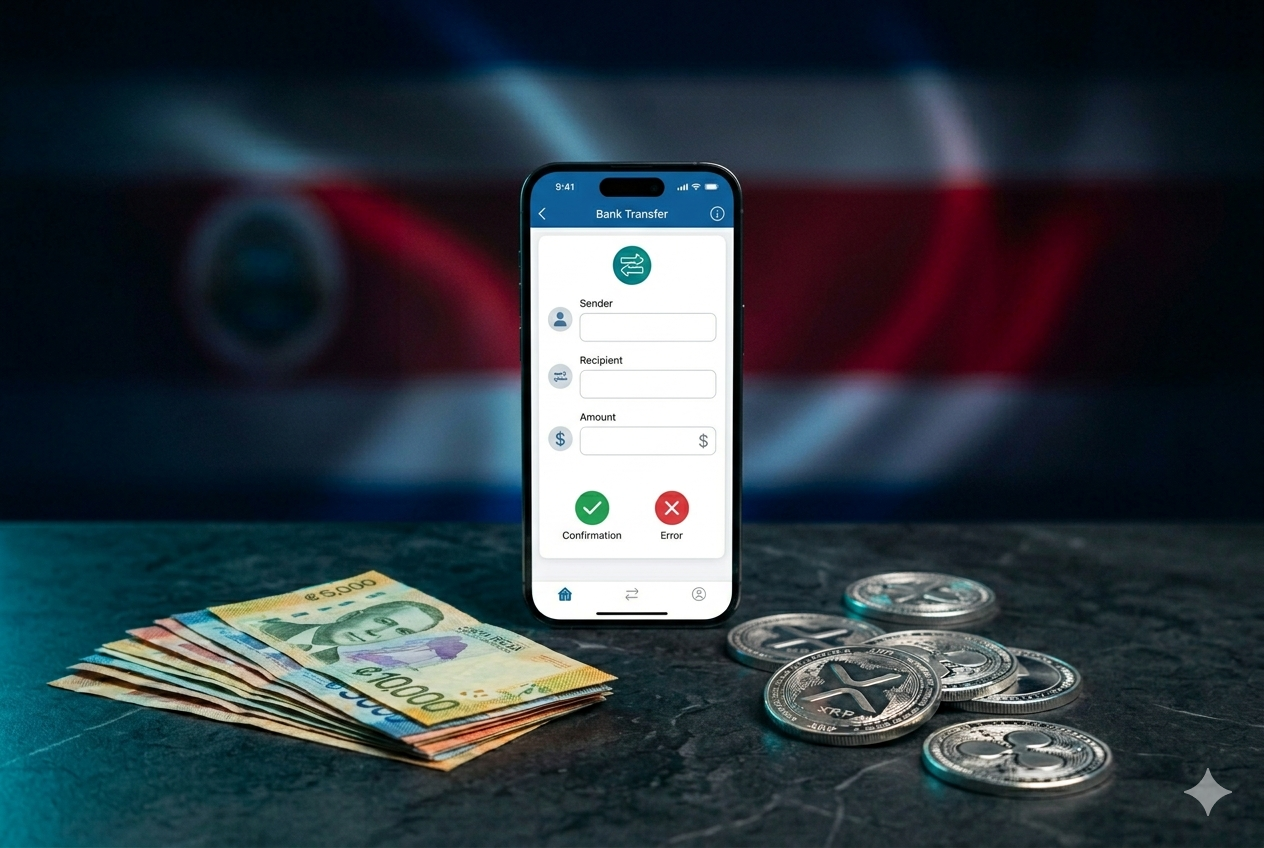iPhone mostrando pantalla de transferencia SINPE Móvil con billetes de colones costarricenses y monedas XRP plateadas sobre fondo navy