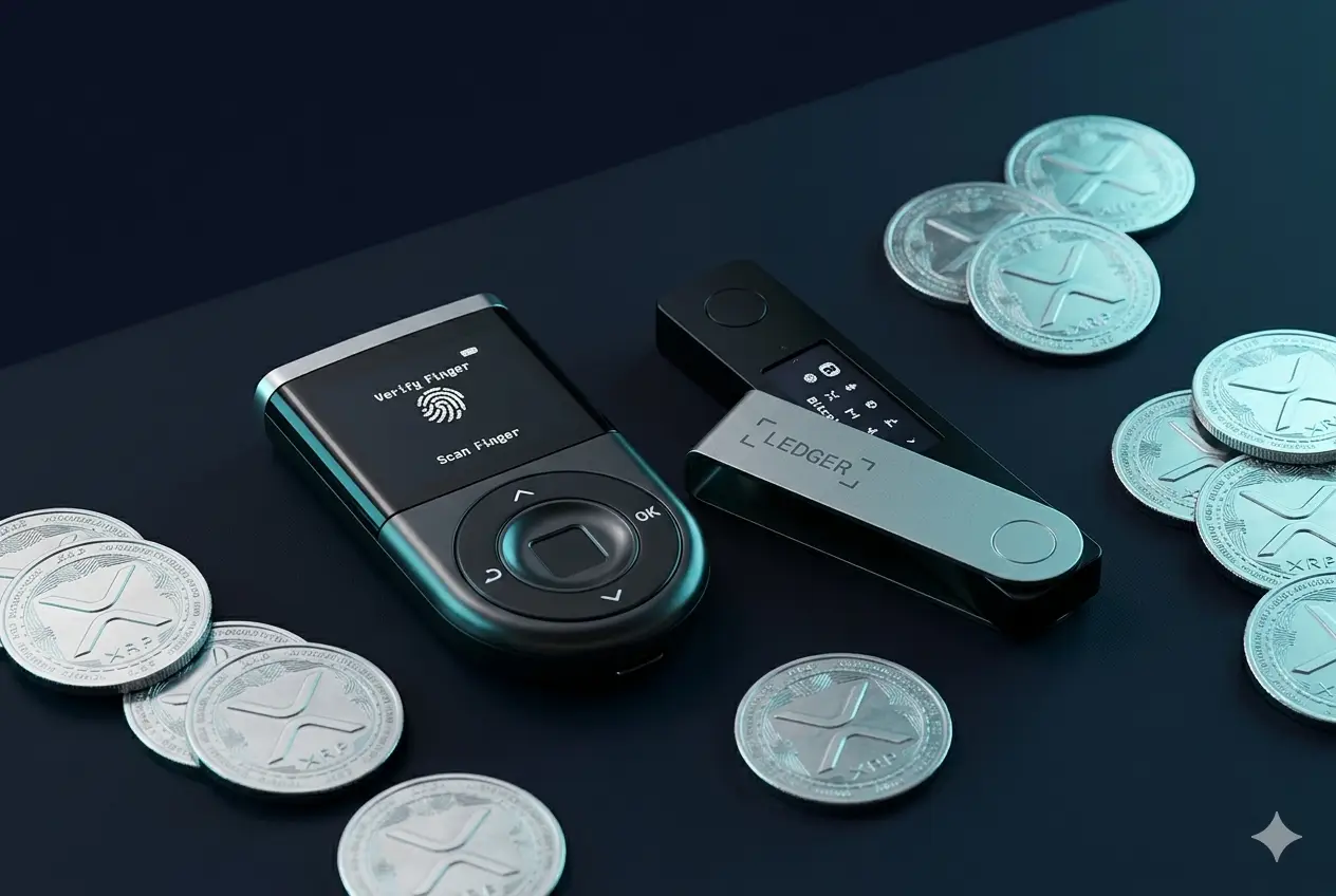 D'CENT Biometric Wallet y Ledger Nano S Plus sobre superficie oscura con monedas XRP plateadas y luz cyan profesional
