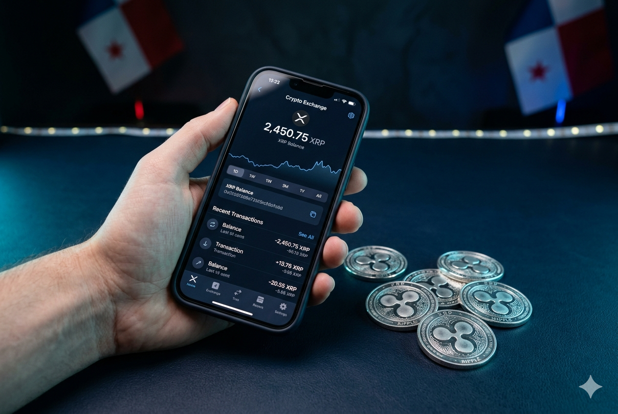 Cómo comprar XRP en Panamá 2026 — mano sosteniendo iPhone con app de exchange y monedas XRP sobre fondo azul oscuro