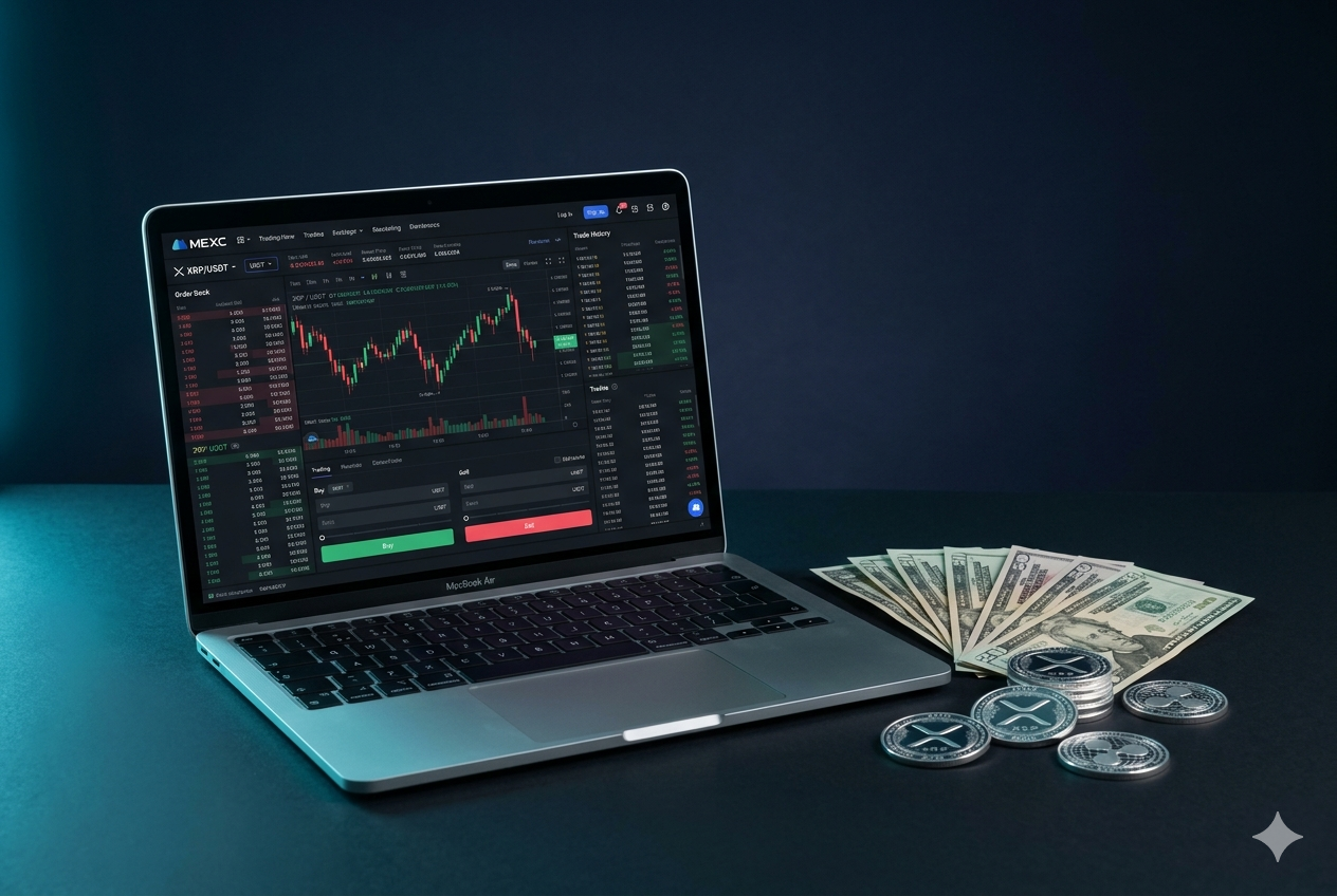 MacBook mostrando la interfaz de MEXC con el par XRP/USDT y billetes de dólares junto a monedas XRP sobre fondo azul oscuro