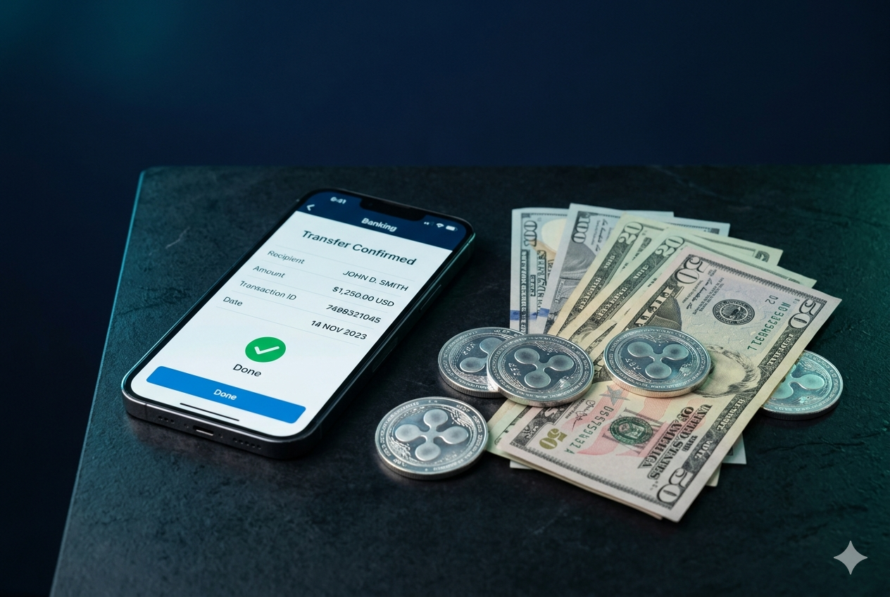 iPhone mostrando confirmación de transferencia bancaria en USD junto a billetes de dólares y monedas XRP sobre fondo azul oscuro