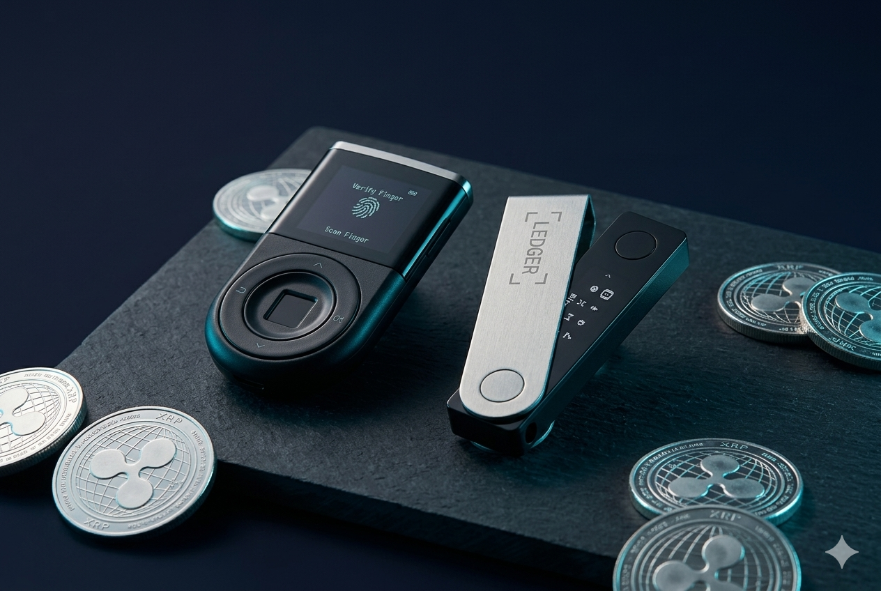 D'CENT Biometric Wallet y Ledger Nano S Plus sobre superficie oscura con monedas XRP y luz cyan