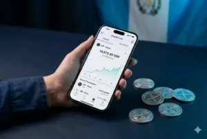 Cómo comprar XRP en Guatemala 2026 — mano sosteniendo iPhone con app de exchange y monedas XRP plateadas sobre fondo azul navy