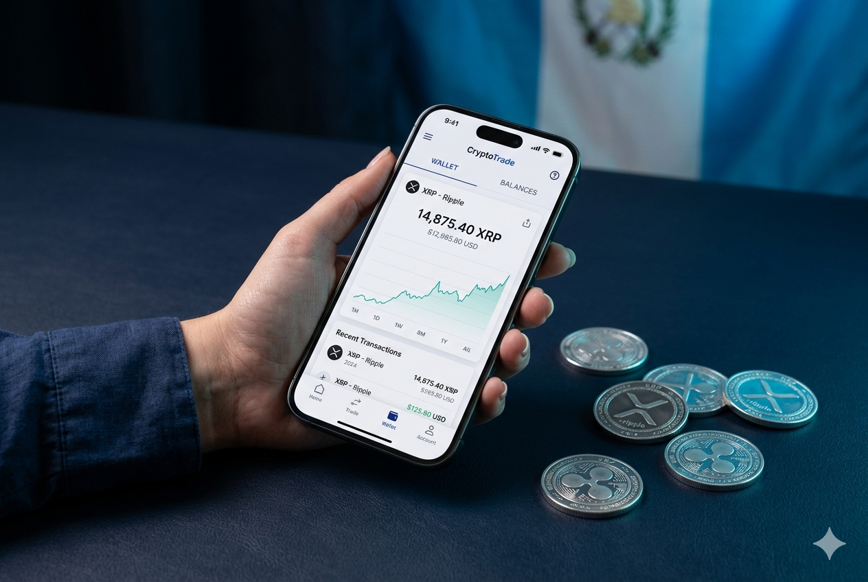 Cómo comprar XRP en Guatemala 2026 — mano sosteniendo iPhone con app de exchange y monedas XRP plateadas sobre fondo azul navy