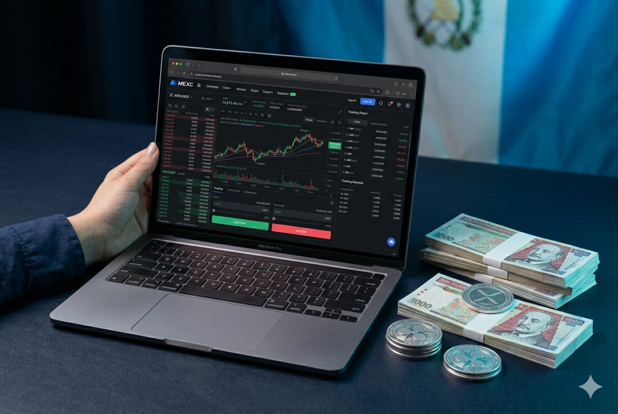 MacBook mostrando interfaz de MEXC con par XRP/USDT y quetzales guatemaltecos sobre fondo azul navy