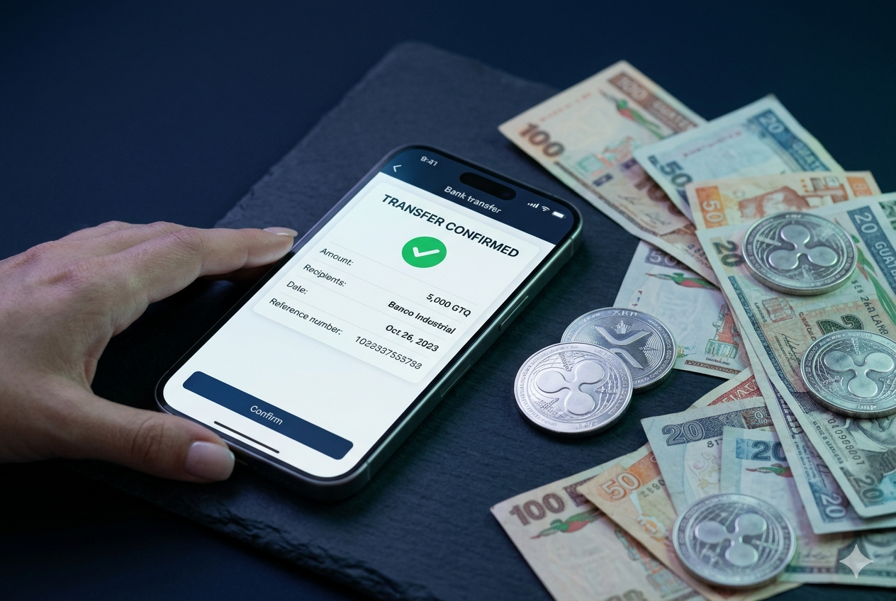 iPhone mostrando confirmación de transferencia bancaria con quetzales guatemaltecos y monedas XRP sobre fondo azul navy
