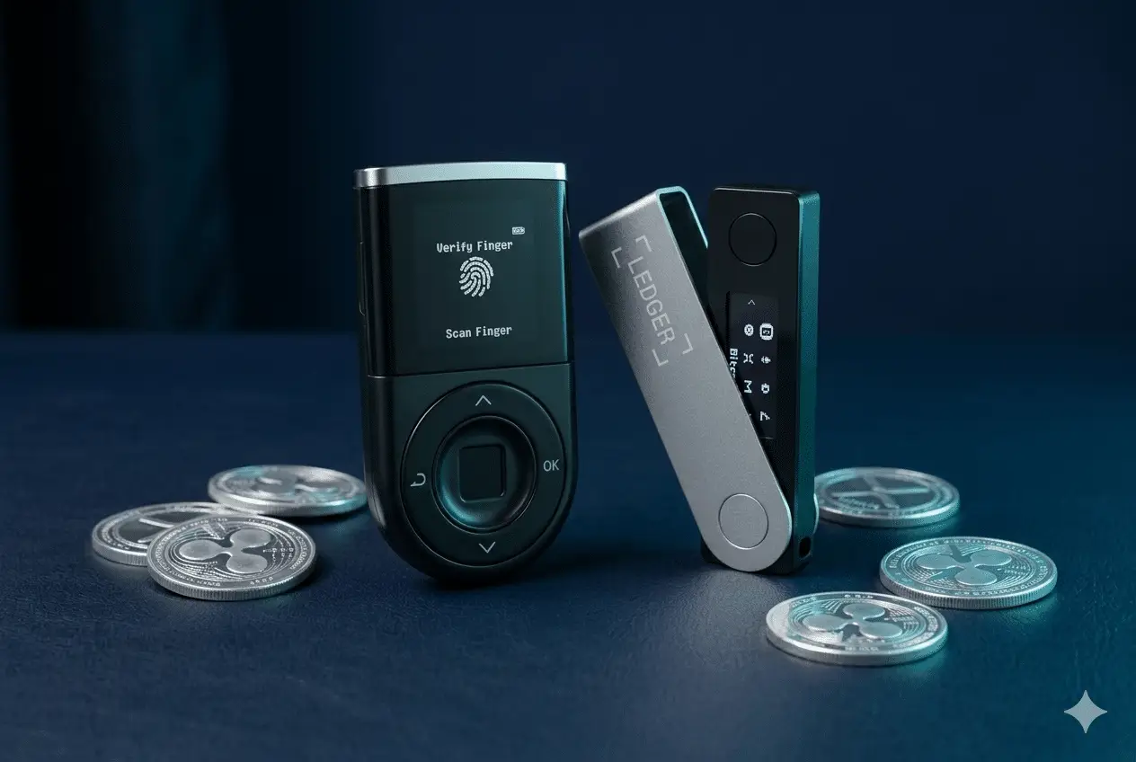 D’CENT Biometric Wallet y Ledger Nano S Plus con monedas XRP plateadas sobre fondo azul navy oscuro