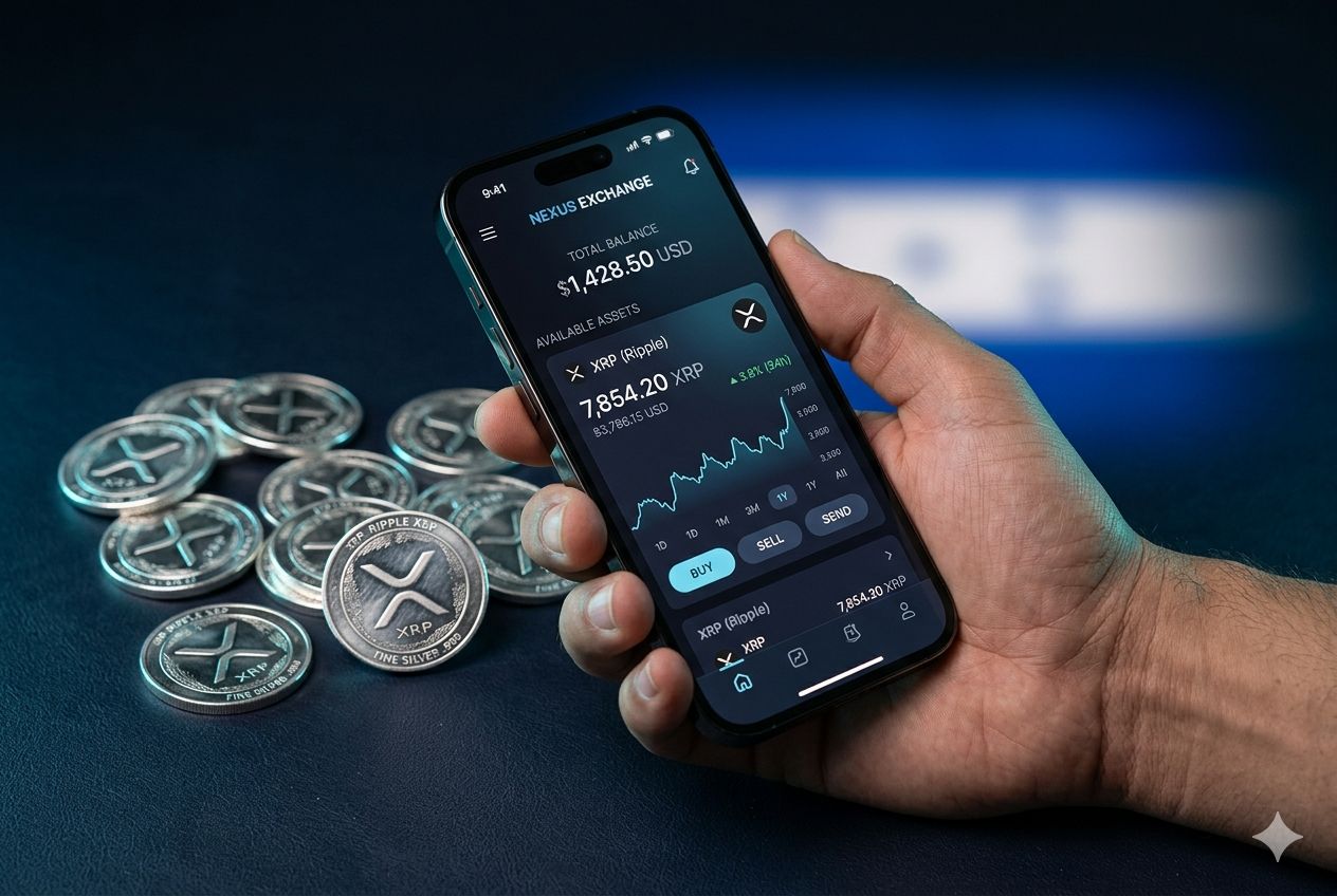Cómo comprar XRP en Honduras 2026 — mano sosteniendo iPhone con app de exchange y monedas XRP plateadas sobre fondo azul navy