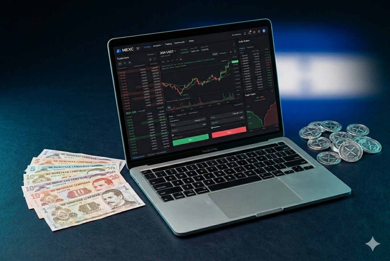 MacBook mostrando interfaz de MEXC con par XRP/USDT y lempiras hondureños sobre fondo azul navy