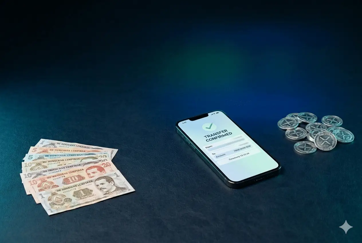 iPhone mostrando confirmación de transferencia bancaria con lempiras hondureños y monedas XRP sobre fondo azul navy