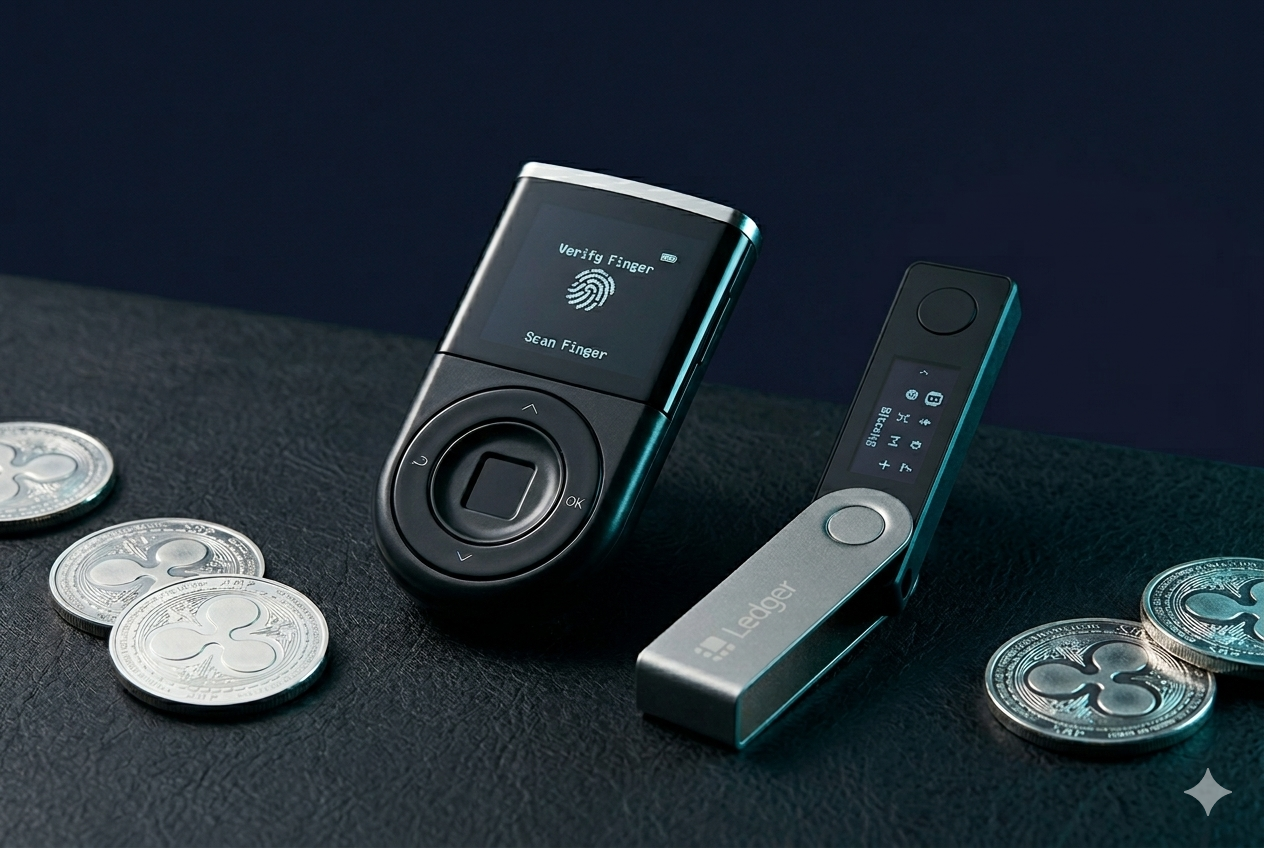 D'CENT Biometric Wallet y Ledger Nano S Plus con monedas XRP plateadas sobre fondo azul navy oscuro