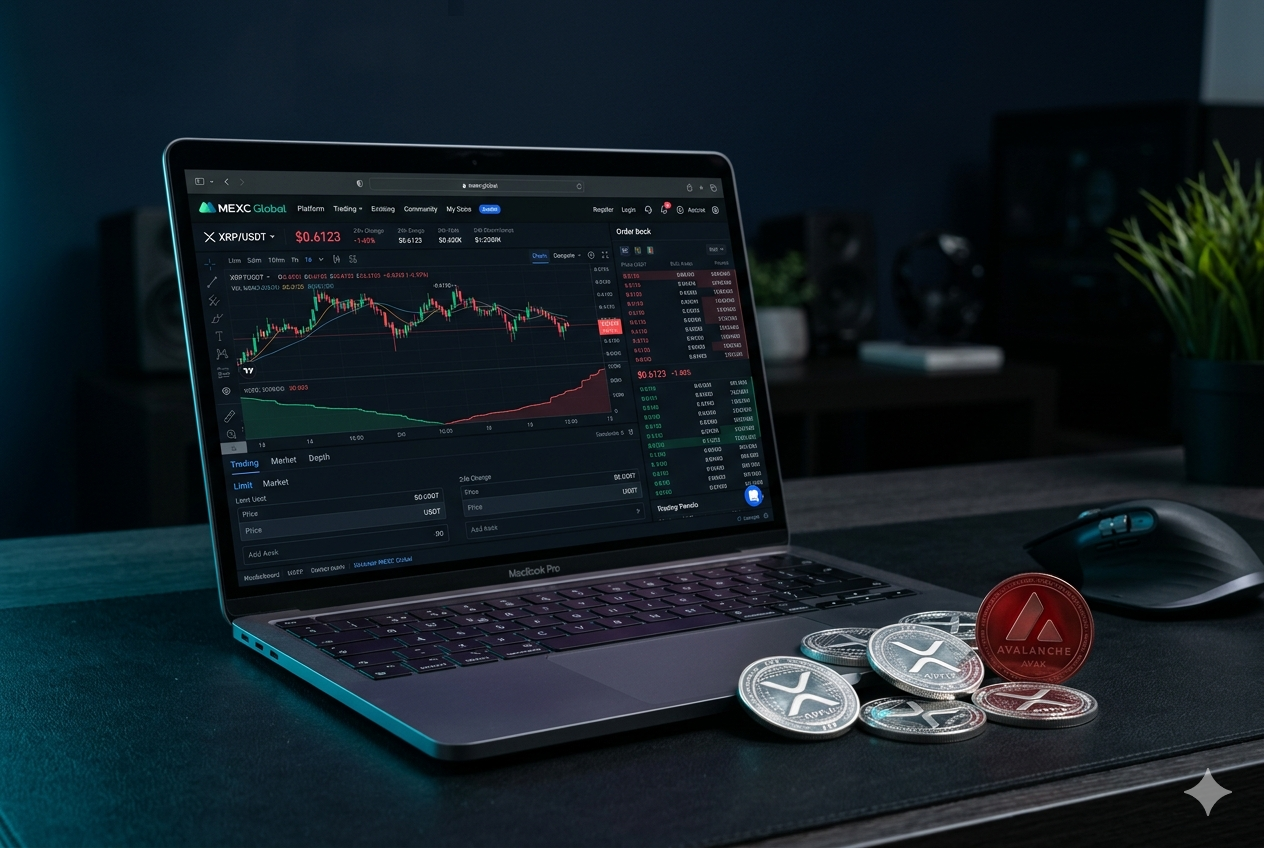 Pantalla mostrando comparativa XRP vs AVAX en exchange con monedas sobre fondo azul oscuro