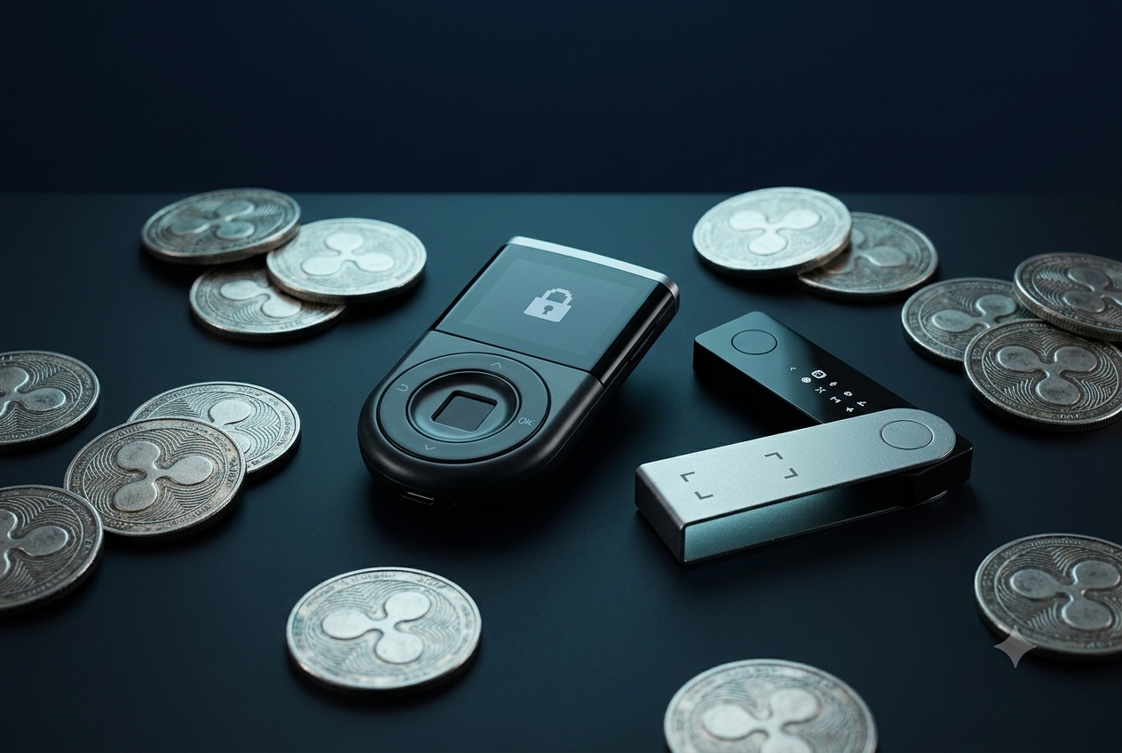 Las mejores hardware wallets para XRP en 2026 D'CENT Biometric Wallet y Ledger Nano S Plus sobre superficie oscura con monedas XRP — las mejores hardware wallets para guardar XRP