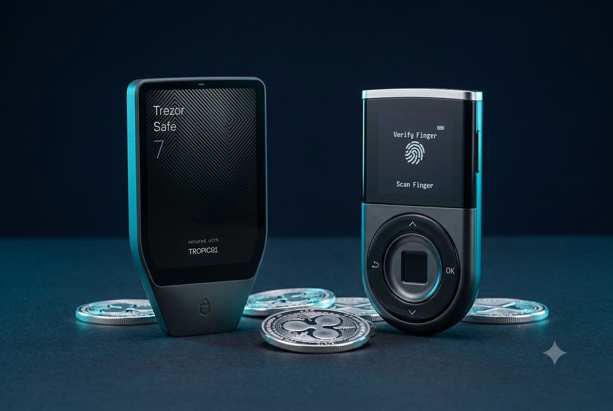 Trezor Safe 7 vs D'CENT — Veredicto final 2026 Trezor Safe 7 vs D'CENT Biometric Wallet comparativa 2026 — cuál es el mejor hardware wallet para guardar XRP: precio, biometría, Bluetooth y anti-estafas Blockaid